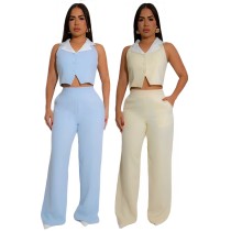 Splicing contrasting color top loose straight leg pants set