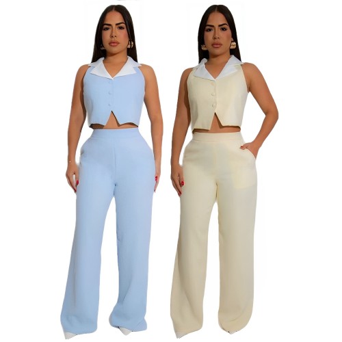 Splicing contrasting color top loose straight leg pants set