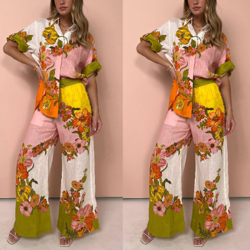 Printed cotton and linen top+wide leg pants two-piece set