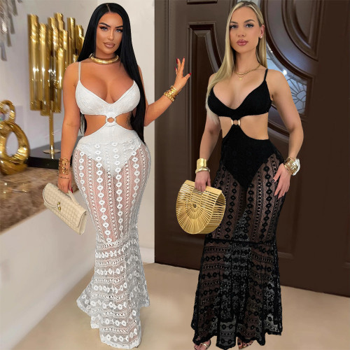 Strap V-neck lace see through hip hugging dress