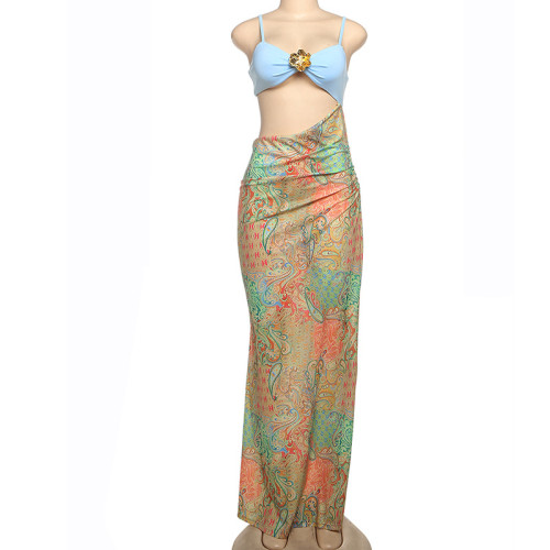 Hanging strap splicing waist exposed printed long dress, contrasting color backless dress