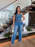 Strapless one shoulder straight leg wide leg denim jumpsuit