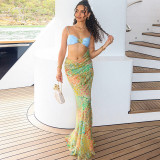 Hanging strap splicing waist exposed printed long dress, contrasting color backless dress