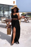 High waisted hollow out backless lace up slit dress