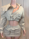 Workwear zipper long sleeved jacket, hip hugging short skirt set