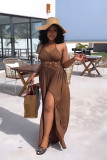 High waisted hollow out backless lace up slit dress
