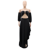 Irregular ruffled slit dress with wrapped chest and exposed navel