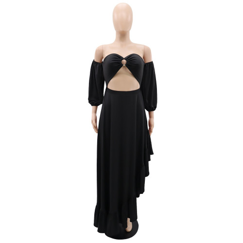 Irregular ruffled slit dress with wrapped chest and exposed navel