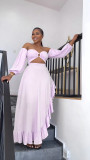 Irregular ruffled slit dress with wrapped chest and exposed navel