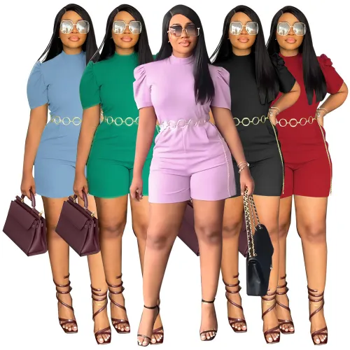 Round neck waist cinching jumpsuit