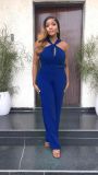 Sleeveless backless high waisted shoulder strap straight leg jumpsuit