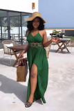 High waisted hollow out backless lace up slit dress