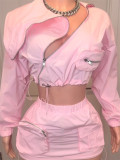 Workwear zipper long sleeved jacket, hip hugging short skirt set