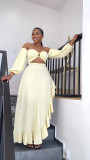 Irregular ruffled slit dress with wrapped chest and exposed navel