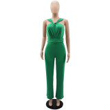 Sleeveless backless high waisted shoulder strap straight leg jumpsuit