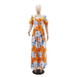 Printed V-neck bubble sleeve waist cinching patchwork long skirt