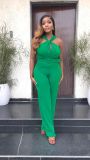 Sleeveless backless high waisted shoulder strap straight leg jumpsuit