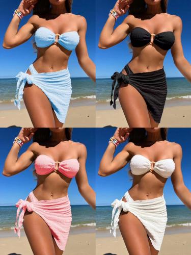 Texture fabric strapless three piece swimsuit swimsuit bikini