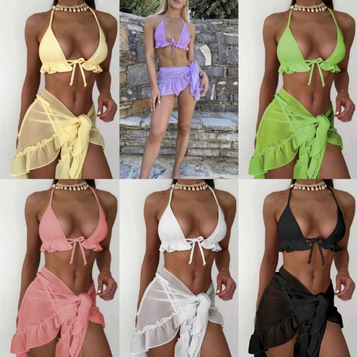 Mesh skirt pleated swimsuit bikini
