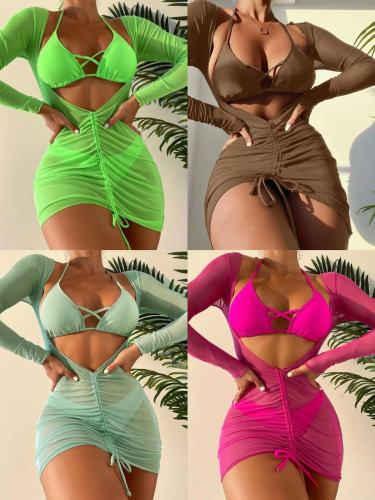Three piece set of long gauze skirt, tied rope, swimsuit, bikini