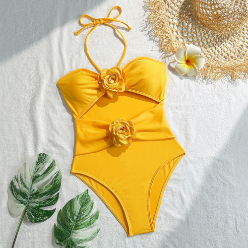 Drawstring hollow solid color rose suspender one-piece swimsuit bikini