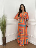Color blocked five point batwing sleeve waist baring tied long skirt