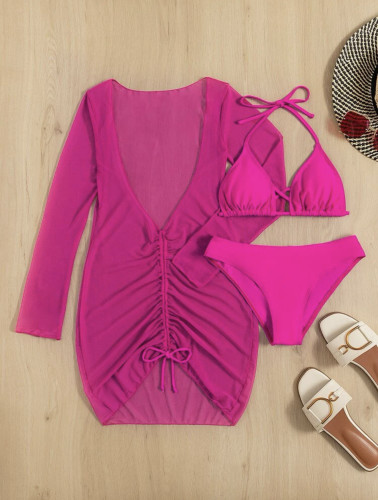 Three piece set of long gauze skirt, tied rope, swimsuit, bikini