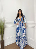Color blocked five point batwing sleeve waist baring tied long skirt