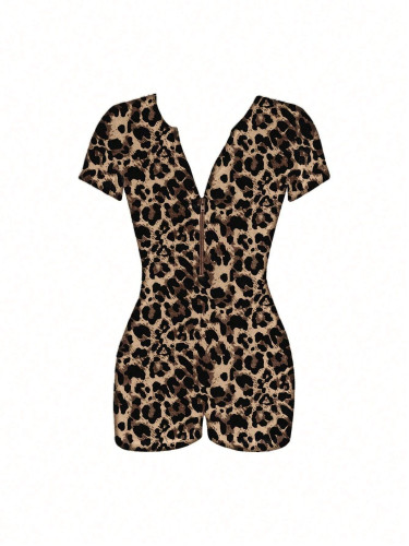 Leopard print short sleeved V-neck tight fitting hip lifting jumpsuit