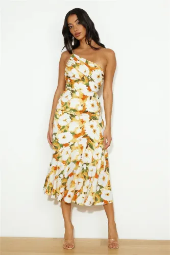 Slanted collar suspender fish tail print dress