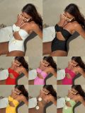 Drawstring hollow solid color rose suspender one-piece swimsuit bikini