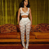 Breast wrapped patchwork lace camisole with exposed navel pants set