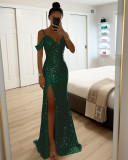 Strap sequin slit dress, loose party dress