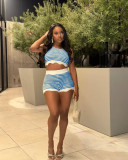 Color blocking knitted shorts short sleeved set