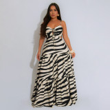 Strap up large swing long printed suspender dress