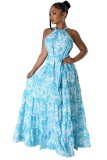 Hanging neck, no shoulder, tied waist, loose skirt, long skirt