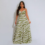 Strap up large swing long printed suspender dress