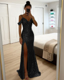 Strap sequin slit dress, loose party dress