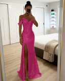 Strap sequin slit dress, loose party dress