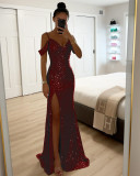 Strap sequin slit dress, loose party dress