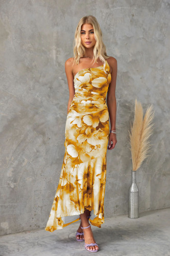 Slanted shoulder print with elastic lining dress