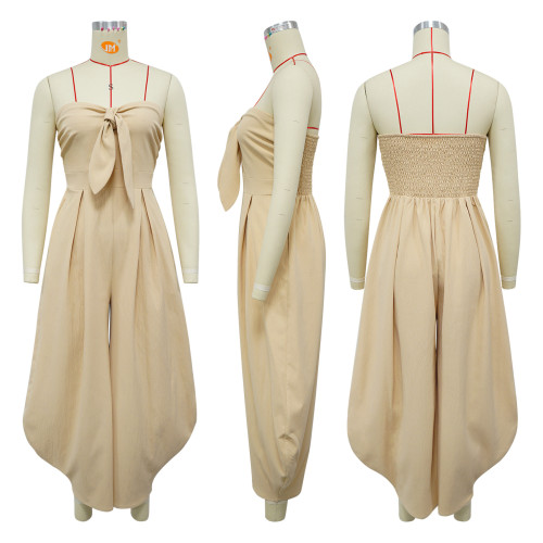 Solid color jumpsuit with wrapped chest collar