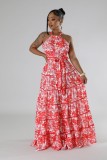 Hanging neck, no shoulder, tied waist, loose skirt, long skirt
