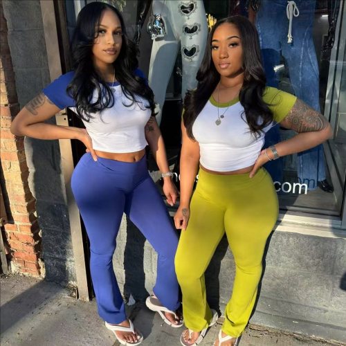 Color blocking short sleeved T-shirt long pants two-piece set