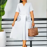 V-neck three-dimensional flower short sleeved waist cinched A-line dress