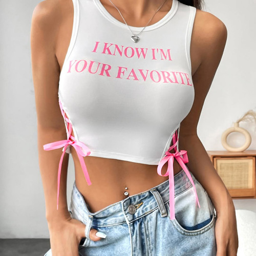Color blocking letter printed strap vest top