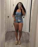 Strapless slim fit elastic denim two-piece set