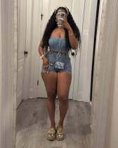 Strapless slim fit elastic denim two-piece set
