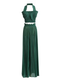 Hanging neck ruffled strapless high waisted pleated wide leg pants