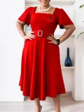 Square neck solid color high waist and large swing dress